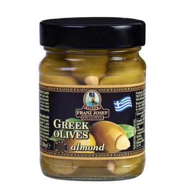Řecké zelené olivy plněné mandlemi ve slaném nálevu 250 g 