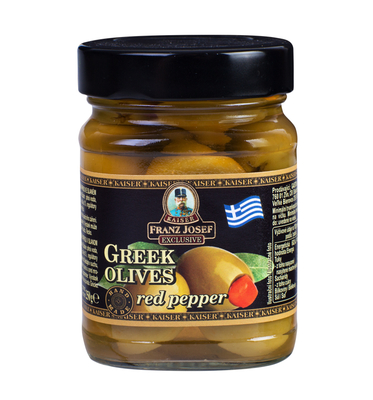 Řecké zelené olivy plněné paprikou ve slaném nálevu 250 g             