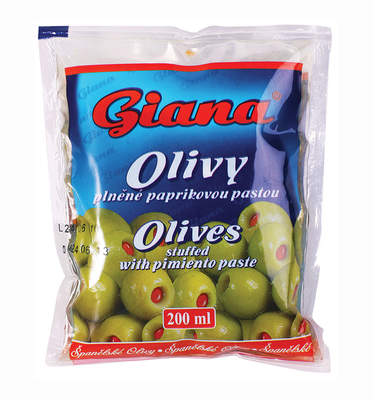 Green pitted olives with pimiento paste 195g